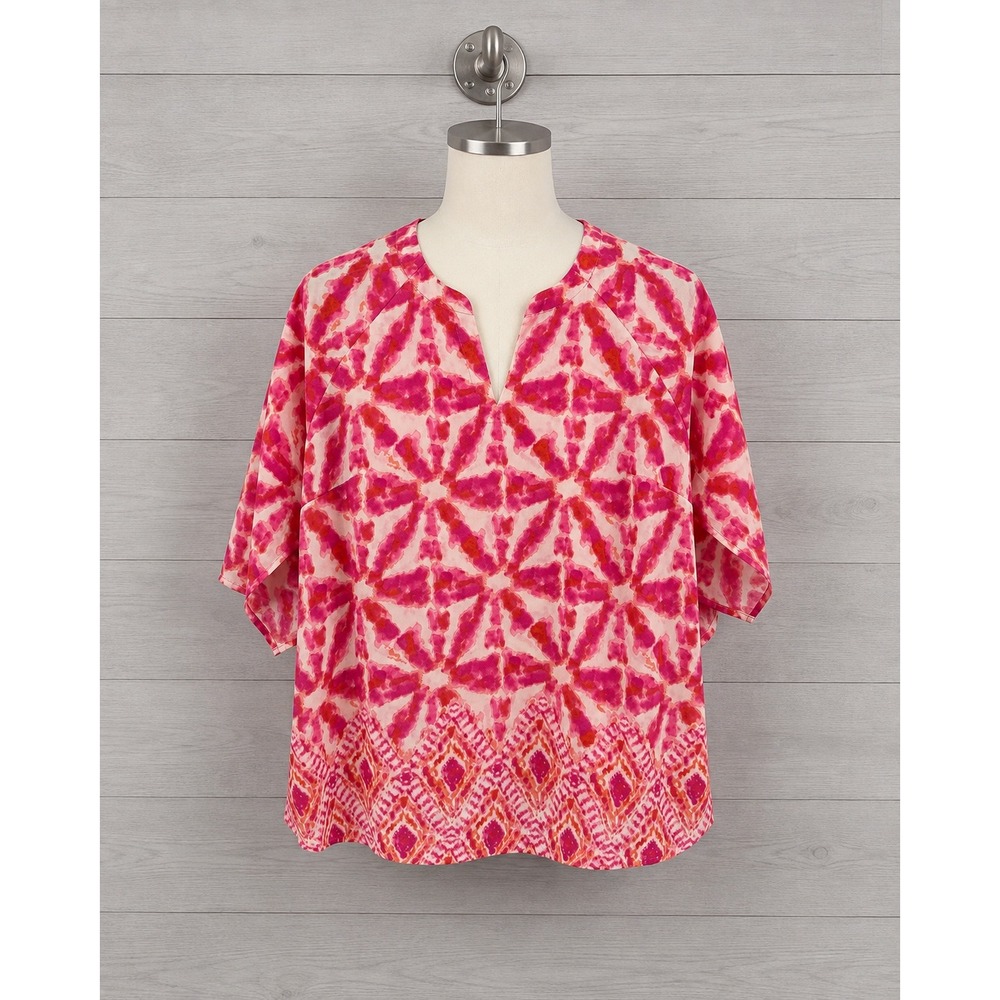 Belle by Kim Gravel Blouse Size Large Pink Tie Dye V-Neck Boho A677106